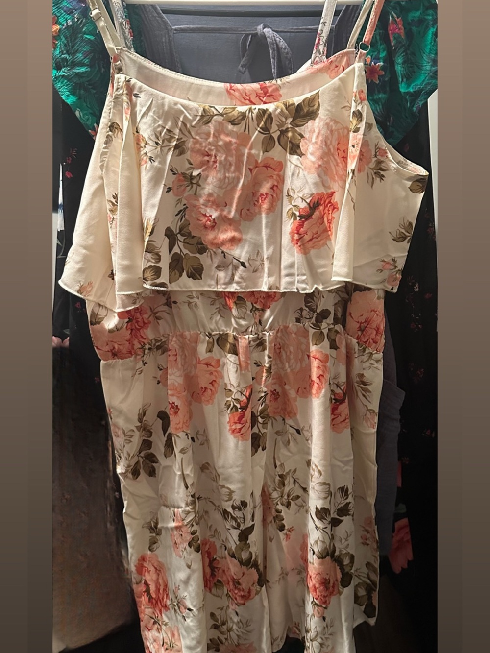 Floral Ruffle Spaghetti Strap Dress - Cream with Pink Roses